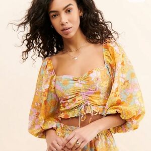 Show Me Your MuMu Floral Top Balloon Sleeve Cropped Vibrant 70s Style Retro